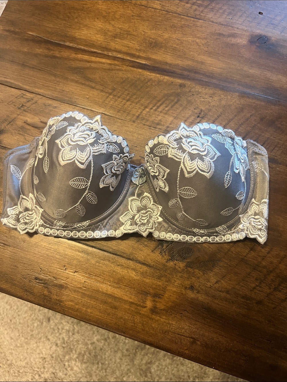 Strapless Embroidered Balcony Bra in Taupe with Ivory Lace